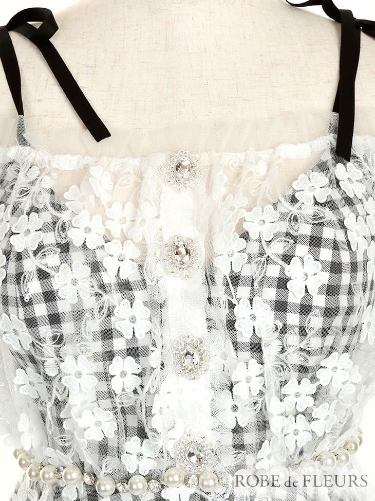 ROBEdeFLEURS [ローブドフルール]フラワー チュール ギンガムチェック フレア ミニドレス[2295]