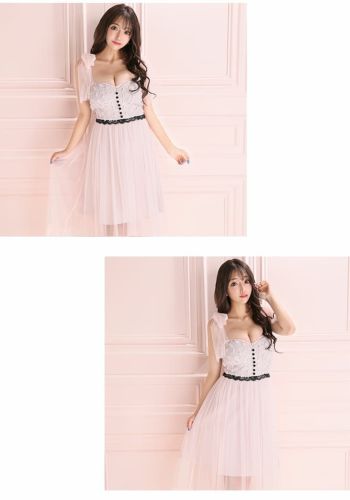 ROBEdeFLEURS [ローブドフルール]リボンショルダー フレア ガーリーミディドレス(ピンク/ブルー/アイボリー)[2206]