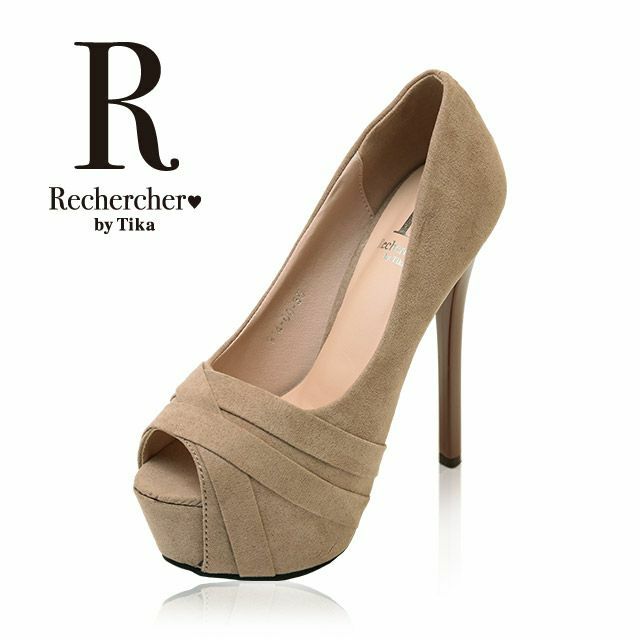 キャバドレスの為の可愛いパンプス♪ Rechercher[ルシェルシェ] フェイクスエードデザイン オープントゥ パンプス(ベージュ)