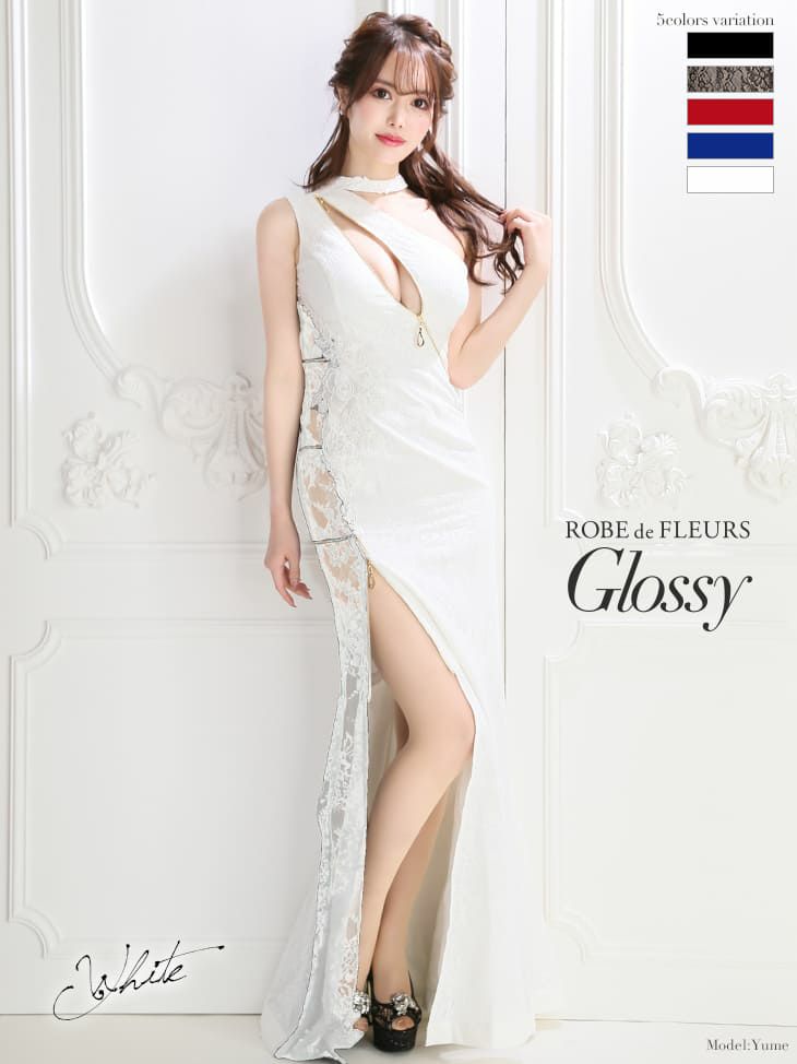 ROBEdeFLEURSGlossy[ローブドフルールグロッシー] gl2195 ジップ× チョーカーデザインサイドメッシュ タイト ロングドレス(XS/S/M/L)