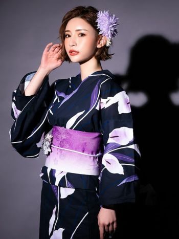 [浴衣 帯が選べる]濃紺×菖蒲の花柄 ゆかた3点SET[浴衣+平帯or作り帯+下駄][石原彩香着用]