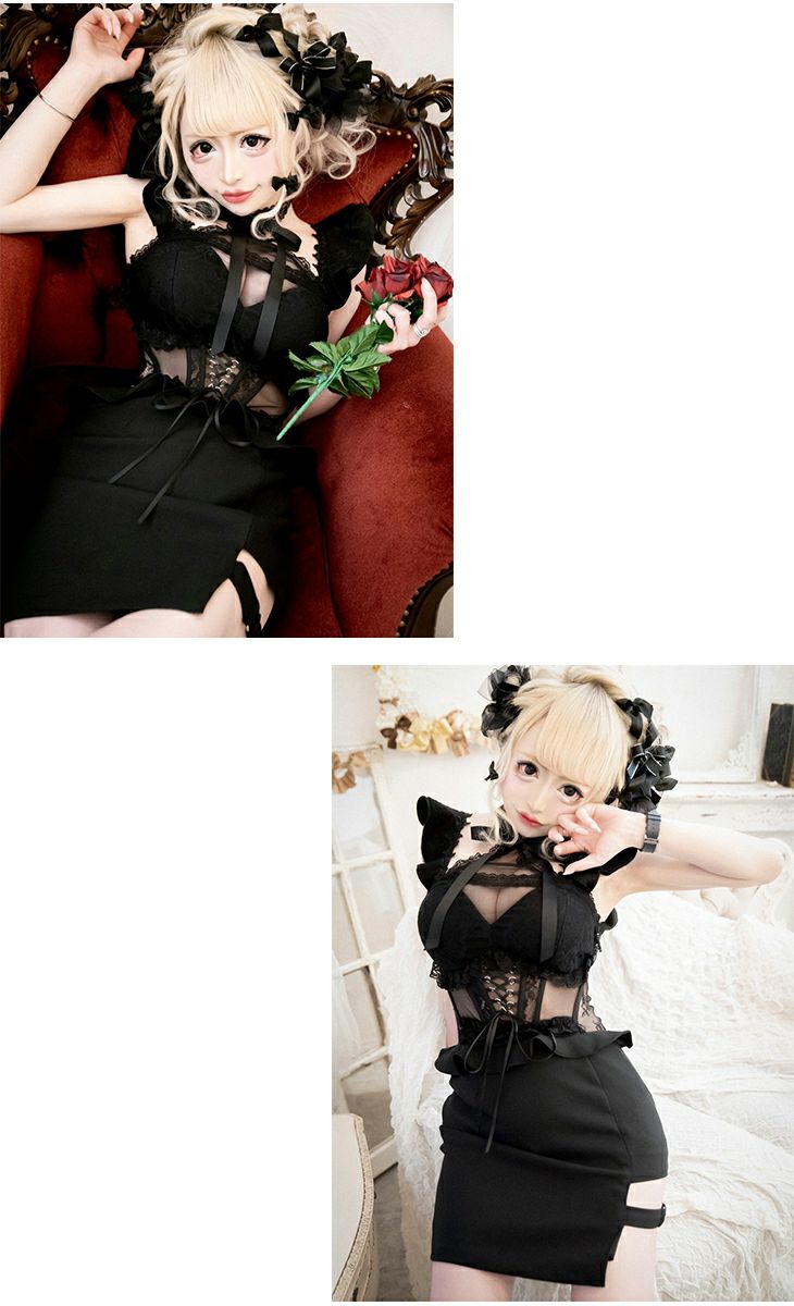 ROBEdeFLEURS ローブドフルール 美咲キララ様×ウエストレースアップ フリル袖 タイト ミニドレス[2127]