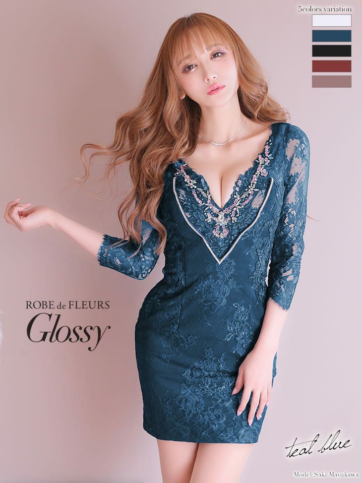 ROBEdeFLEURS Glossy ネイビー 好い ショートスリーブ ドレス