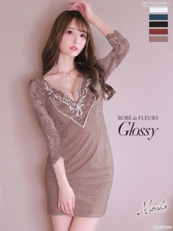 ROBEdeFLEURS Glossy[ローブドフルール グロッシー]ロングスリーブ×ビジュー ミニドレス[ゆめ][2387]