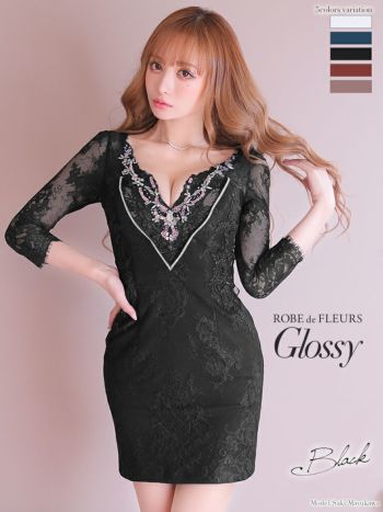 ROBEdeFLEURS Glossy[ローブドフルール グロッシー]ロングスリーブ×ビジュー ミニドレス[ゆめ][2387]