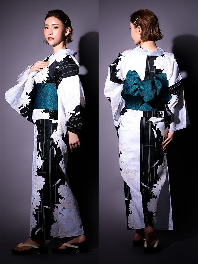 [浴衣 帯が選べる]モノトーン×牡丹柄 ゆかた3点SET[浴衣+平帯or作り帯+下駄][石原彩香着用]