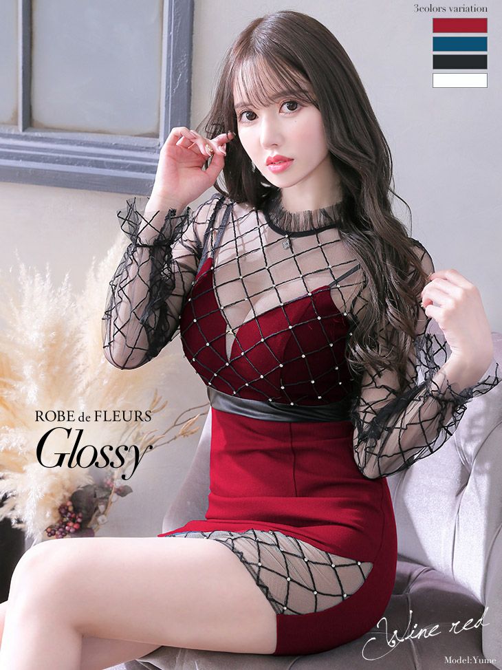 ROBEdeFLEURS Glossy[ローブドフルール グロッシー]アーガイルデザイン 長袖 ミニドレス[XS/Lあり][真優川咲][2131]