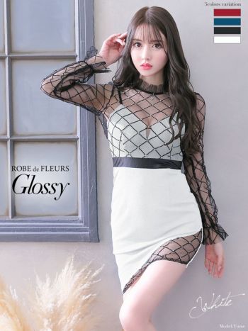 ROBEdeFLEURS Glossy[ローブドフルール グロッシー]アーガイルデザイン 長袖 ミニドレス[XS/Lあり][真優川咲][2131]