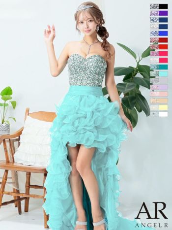 AngelR [エンジェルアール]ビジュー ベア ショートinロング プリンセス スピンドル チュール フレア 高級ロングテールドレス[ピンク][一条響/キャバドレス着用][2216]