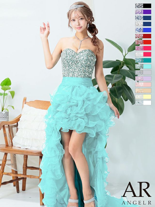 AngelR [エンジェルアール]ビジュー ベア ショートinロング プリンセス スピンドル チュール フレア 高級ロングテールドレス[ピンク][一条響/キャバドレス着用][2216]