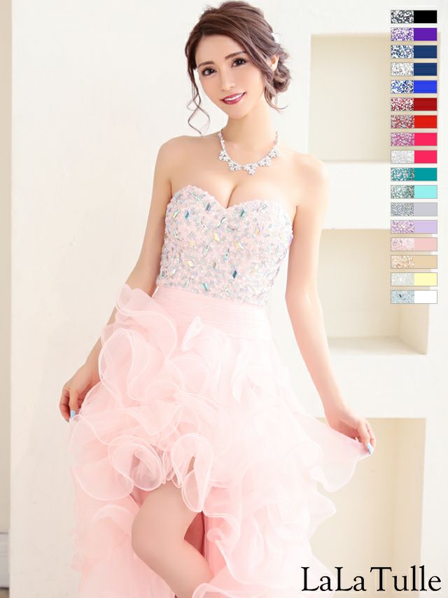 AngelR [エンジェルアール]ビジュー ベア ショートinロング プリンセス スピンドル チュール フレア 高級ロングテールドレス[ピンク][一条響/キャバドレス着用][2216]