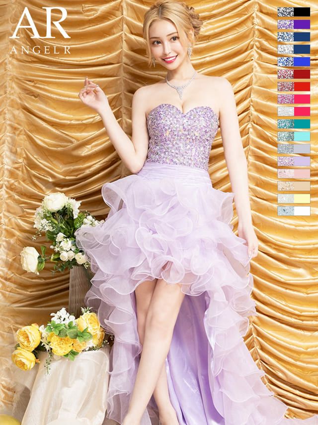 AngelR [エンジェルアール]ビジュー ベア ショートinロング プリンセス スピンドル チュール フレア 高級ロングテールドレス[ピンク][一条響/キャバドレス着用][2216]