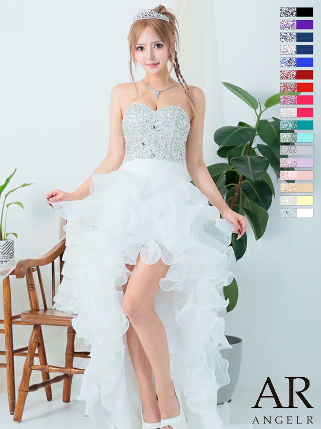 AngelR [エンジェルアール]ビジュー ベア ショートinロング プリンセス スピンドル チュール フレア 高級ロングテールドレス[ピンク][一条響/キャバドレス着用][2216]