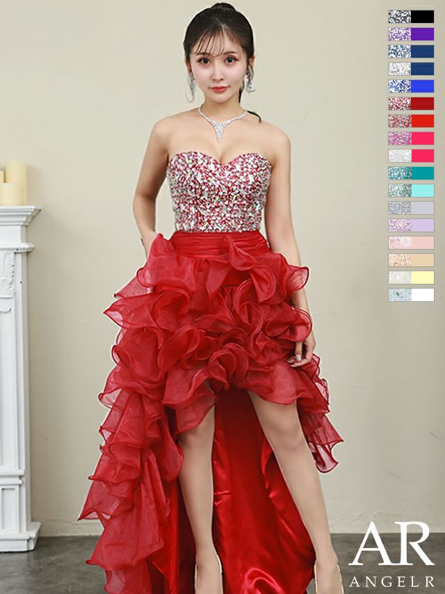 AngelR [エンジェルアール]ビジュー ベア ショートinロング プリンセス スピンドル チュール フレア 高級ロングテールドレス[ピンク][一条響/キャバドレス着用][2216]