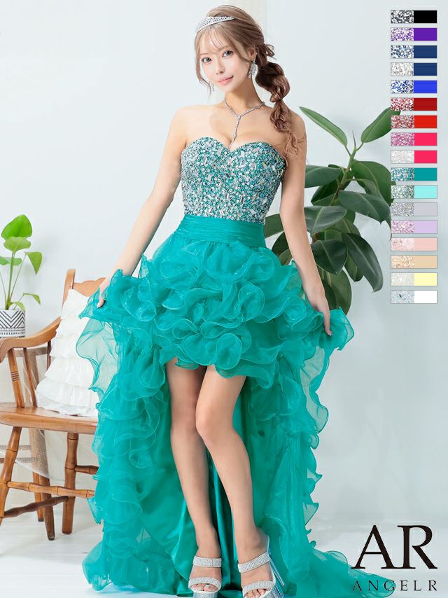 AngelR [エンジェルアール]ビジュー ベア ショートinロング プリンセス スピンドル チュール フレア 高級ロングテールドレス[ピンク][一条響/キャバドレス着用][2216]