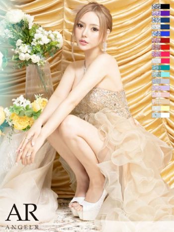 AngelR [エンジェルアール]ビジュー ベア ショートinロング プリンセス スピンドル チュール フレア 高級ロングテールドレス[ピンク][一条響/キャバドレス着用][2216]