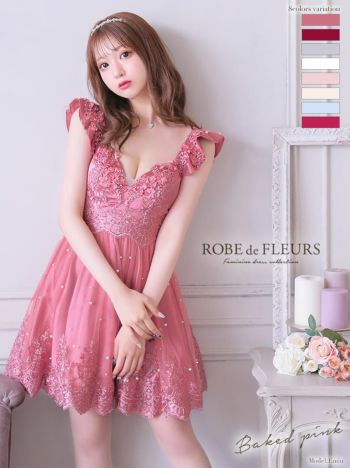 ROBEdeFLEURS ローブドフルール 立体フラワー 刺繍レース ノースリーブ フレア ミニドレス[2070]