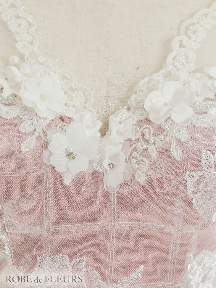 ROBEdeFLEURS ローブドフルール チュール フラワー刺繍デザイン 半袖 フレア ミニドレス[2324]