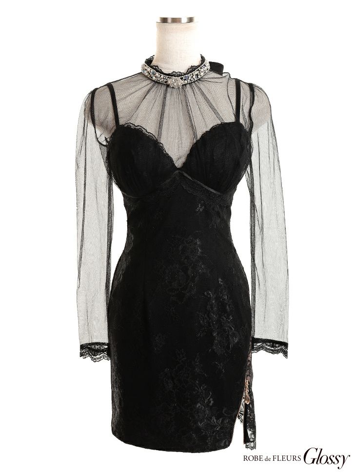 ROBEdeFLEURS Glossy[ローブドフルール グロッシー]シア レース ロングスリーブ ワンカラー ミニドレス[ゆめ][2317]