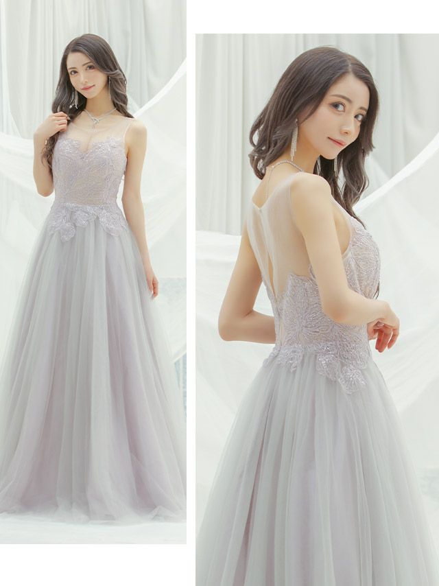 [インポート] ビジュースパンコールリーフ刺繍グラデーションロングドレス[パープル][Lあり][一条響 / キャバドレス着用]