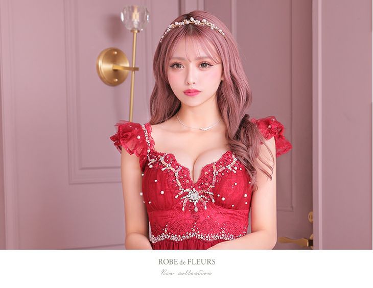 ROBEdeFLEURS ローブドフルール パール×ビジュ フレア ミニドレス[2394]