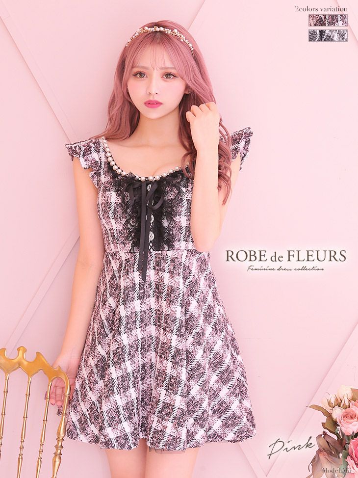 ROBEdeFLEURS ローブドフルール チェック ツイード× フレア ミニドレス[2428]