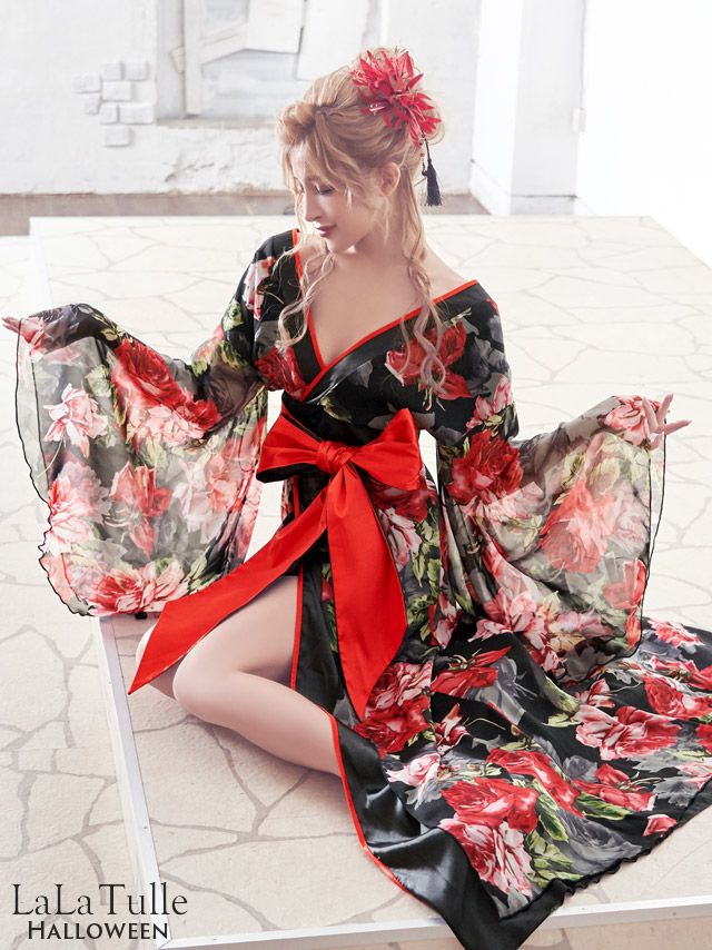 コスプレ】和柄シースルー花魁ロングドレスコスチューム衣装 