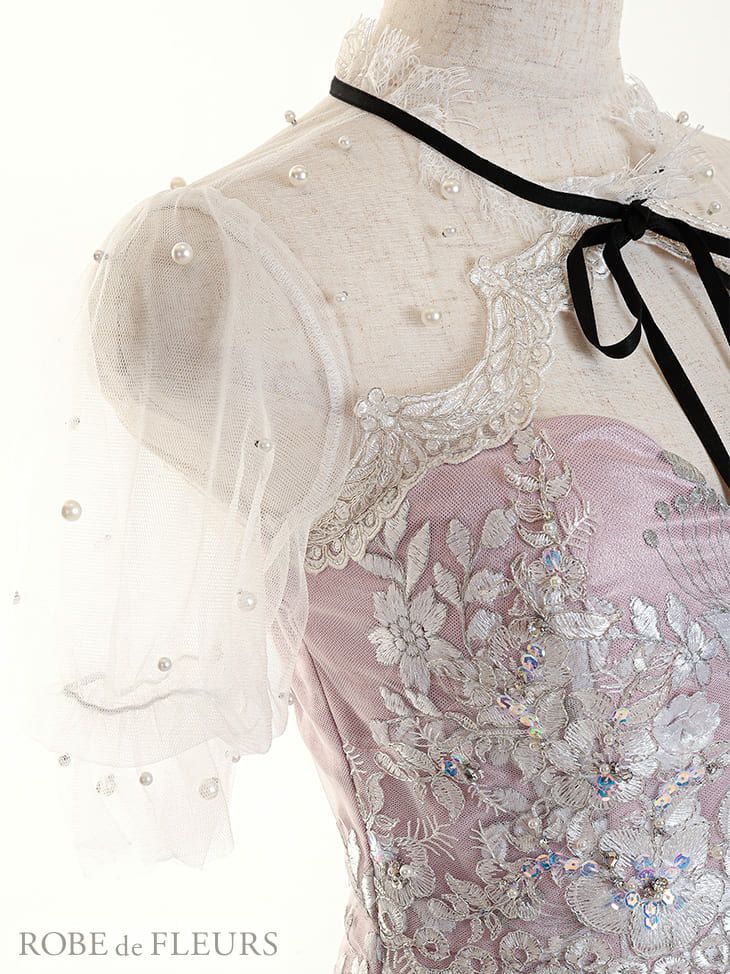 ROBEdeFLEURS ローブドフルール フラワーレースガーリ-パールスリーブ ミニドレス[2410]