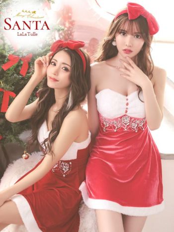 [サンタコスプレ SET]ゴージャスビジュ ベアトップ フレア サンタコス[リボンカチューシャ付き][ゆめ/一条響]