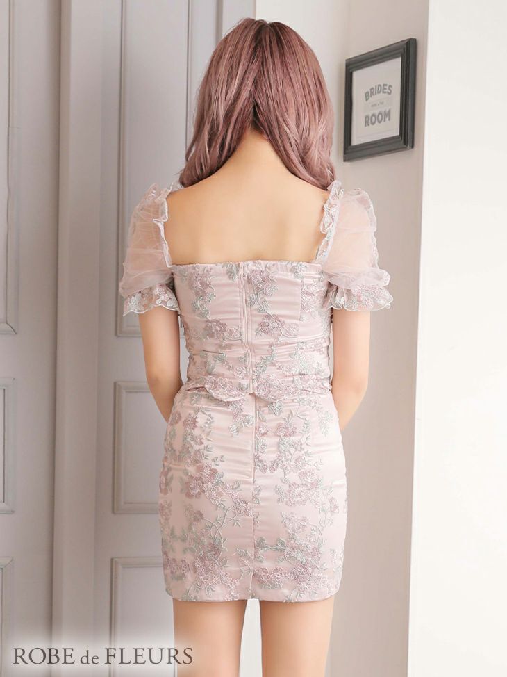 ROBEdeFLEURS ローブドフルール シフォン フリル フラワー刺繍 タイト ミニドレス[2418]