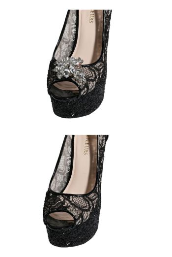 ROBEdeFLEURS ローブドフルール ビジュークリップ付きラメヒール×レースオープントゥパンプス[101]