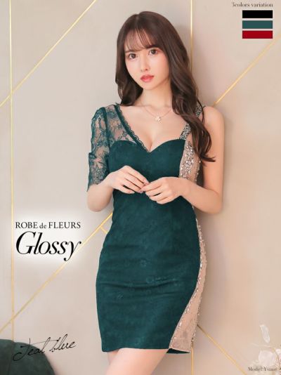 ROBEdeFLEURS Glossy[ローブドフルール グロッシー]ビジューチュール× レーススリーブ ミニドレス[ゆめ][2421]