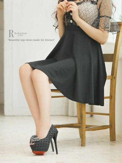 キャバパンプス [Rechercher][ルシェルシェ]rr-shr2107-01bk ドレッシービジューデザインオープントゥパンプス(ブラック)(22.5ｃｍ～25.5ｃｍ)(14cmヒール)[送料無料]画像3