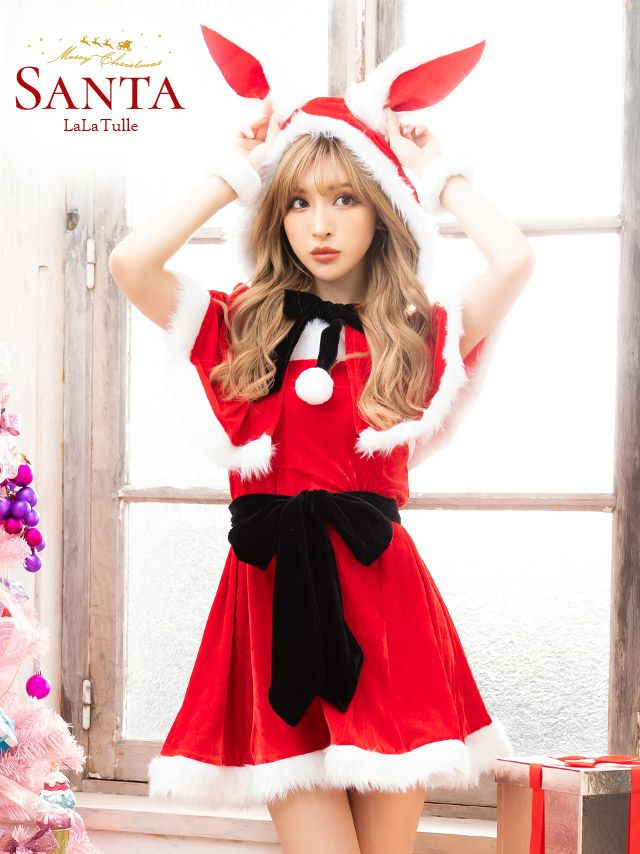 [サンタコスプレ SET]バニー風フード付き フレアワンピース アニマル サンタコス[ゆんころ]