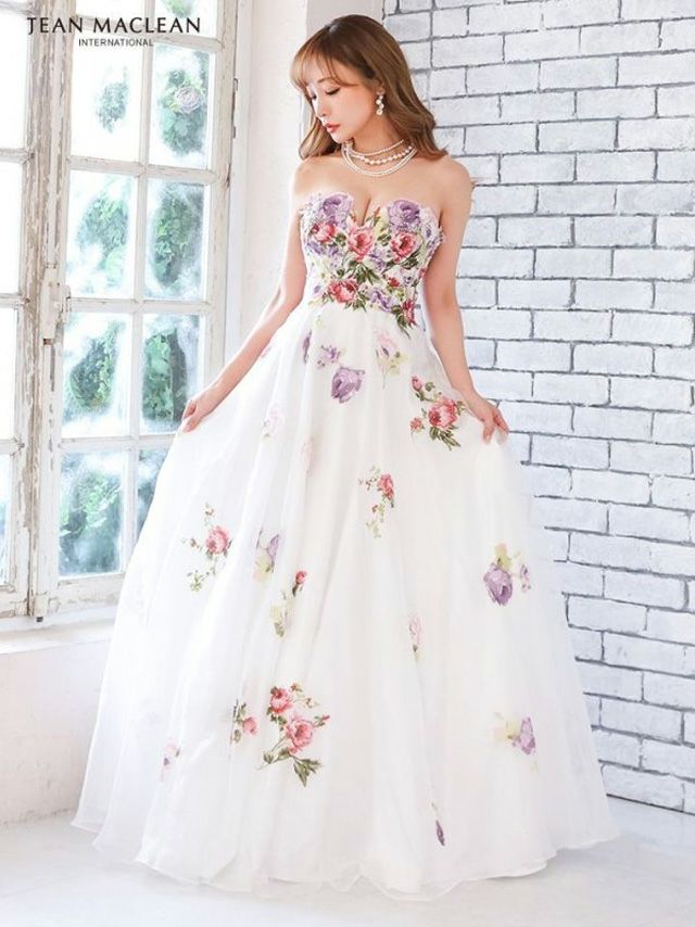 【JEANMACLEAN/ジャンマクレーン】フラワー花柄 オーガンジーチュール ビジュー プリンセス ベアトップ フレアロングドレス