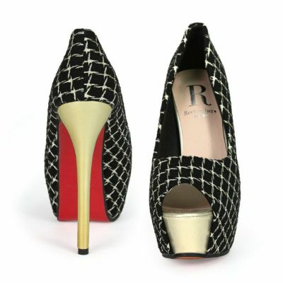 キャバパンプス [Rechercher][ルシェルシェ]rr-sh21102bk チェック柄×ゴールドヒールオープントゥパンプス(ブラック)(22.5cm～25cm)(13cmヒール)[送料無料]画像3