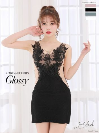 ROBEdeFLEURS Glossy[ローブドフルール グロッシー]ビジューチェーンｘ フラワーモチーフ ミニドレス[ゆめ][2551]