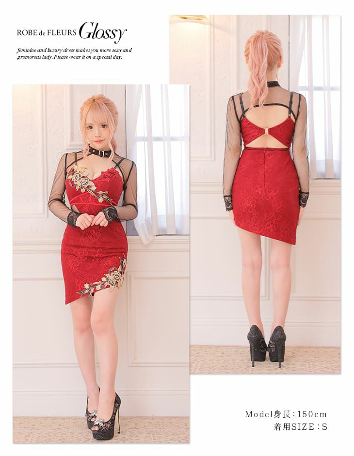 ROBEdeFLEURS Glossy[ローブドフルール グロッシー]美咲キララ×Glossy フラワー レースシアー 2WAY 長袖 ミニドレス（ブラック/レッド/ホワイト/ベージュ)[美咲キララ][2491]