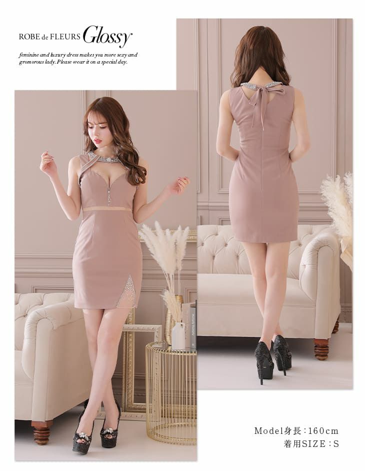 ROBEdeFLEURS Glossy[ローブドフルール グロッシー]フロント ジッパーｘウエスト シースルー ミニドレス[ゆめ][2470]