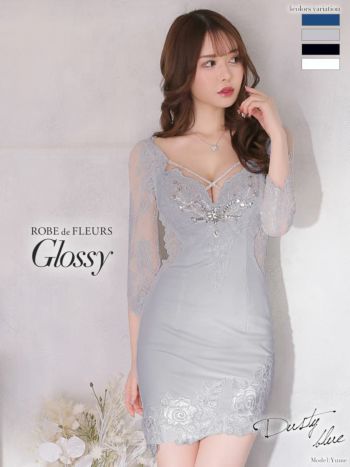 ROBEdeFLEURS Glossy[ローブドフルール グロッシー]レーススリーブ×バストクロス ミニドレス(レッド/ティールブルー/ブラック/ホワイト/ダスティブルー)[ゆめ][2473-0]
