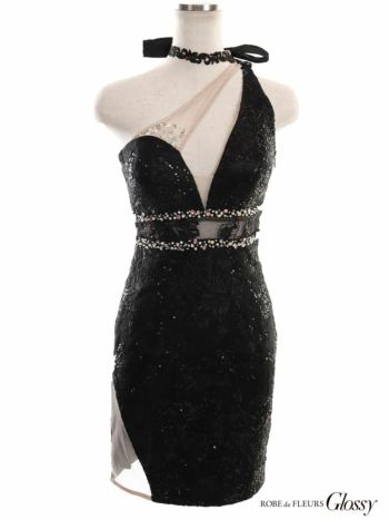 ROBEdeFLEURS Glossy[ローブドフルール グロッシー]スパンコール レース×サイドチュール切替 タイトミニドレス[XSあり][2504-2]