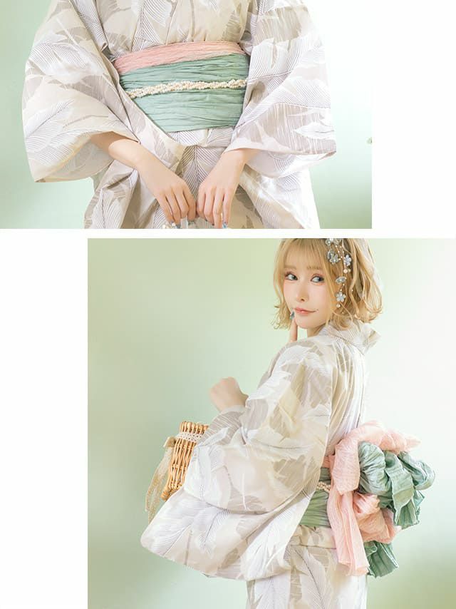 [浴衣×しわ兵児帯]モカベージュ×リーフ柄 ゆかた3点SET[浴衣+兵児帯+下駄][戦慄かなの着用]