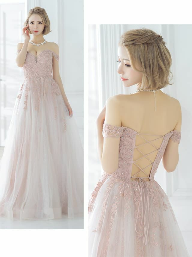 キャバドレス [LaLaTulle select][インポート]llt-ldla822581 刺繍レース オフショルダー プリンセスロングドレス(ピンク)(XS/S) 画像3