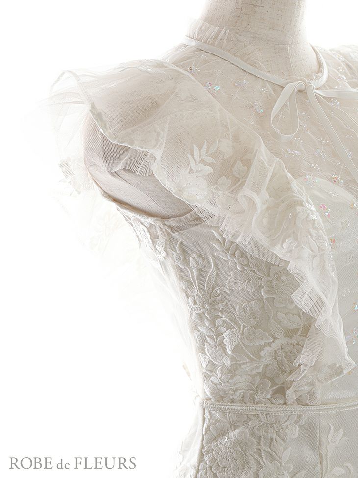 ROBEdeFLEURS ローブドフルール フリル袖 × スパンコール ブロック チュール ホワイト タイト ミニドレス[2626]