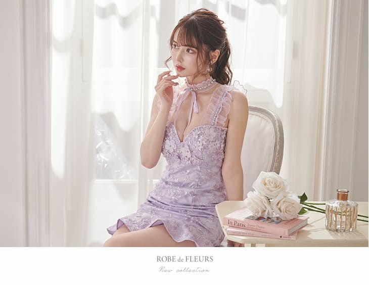 ROBEdeFLEURS ローブドフルール サテンｘフリル タイトミニ ガーリードレス[2650]