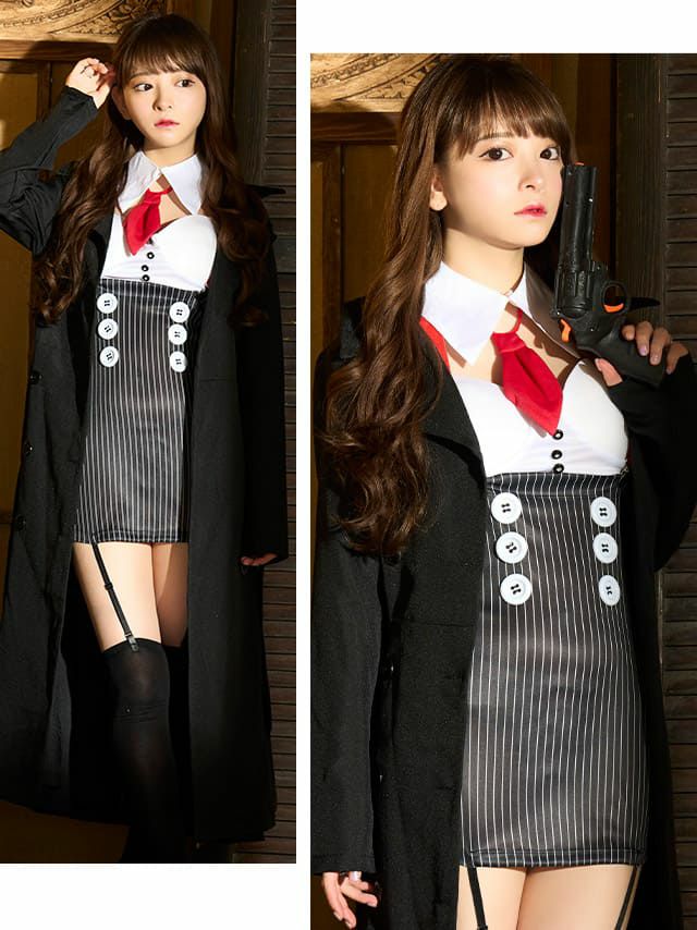 [ハロウィンコスプレ][LaLaTulle select]llt-hw813296 セクシー タイ トマフィア ハロウィンコスプレ6点セット[コート＋ワンピース＋つけ襟＋タイ＋サスペンダー＋透明ストラップ](ブラック)（Sサイズ）
