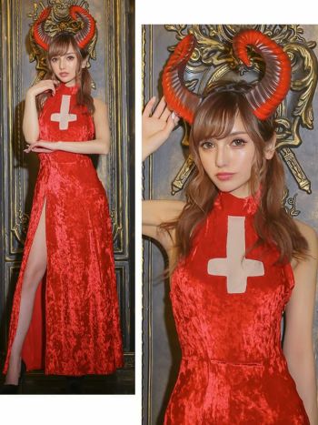  [コスプレ] デーモン個性ロング丈ペアホラー [2点セット] (ドレス/ツノ)