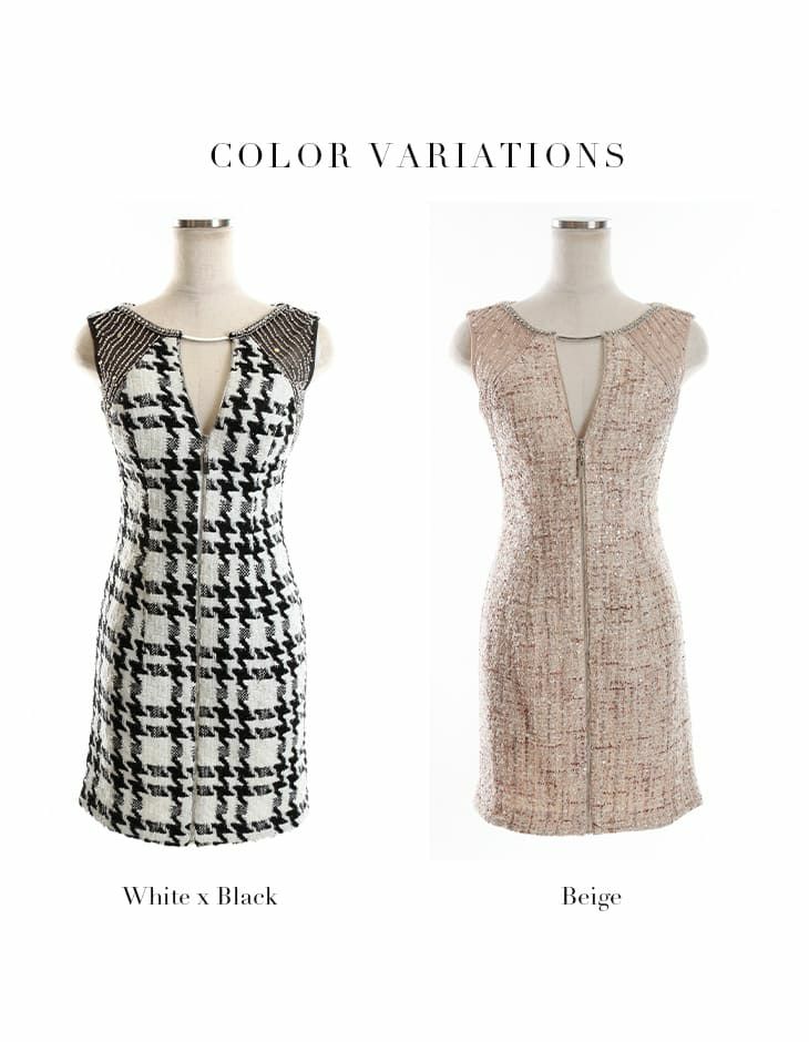 ROBEdeFLEURS Glossy[ローブドフルール グロッシー]ラメツイードｘメタルプレートジップアップドレス(ホワイト×ブラック/ベージュ)[杉山佳那恵][2577]