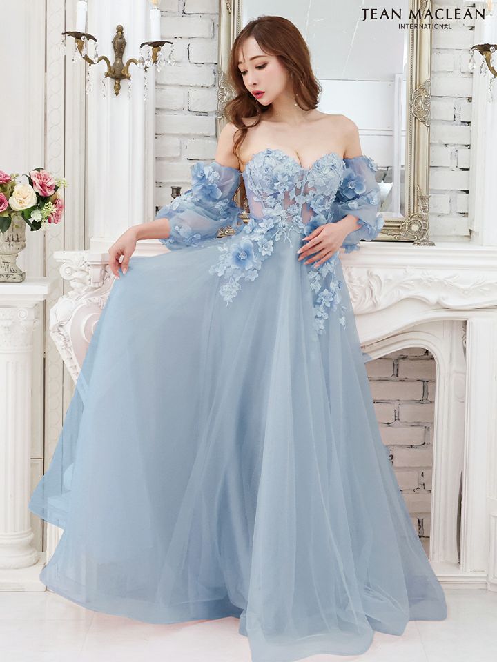 フラワートップパフスリーブ付き ベアトップ オフショルダー バースデー フレアロングドレス