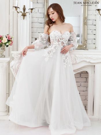 フラワートップパフスリーブ付き ベアトップ オフショルダー バースデー フレアロングドレス